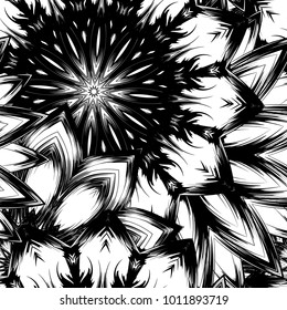 Seamless floral background. Tracery handmade nature ethnic fabric backdrop pattern with saturated dark flowers. Textile design texture. Decorative binary monochrome black and white art. Vector