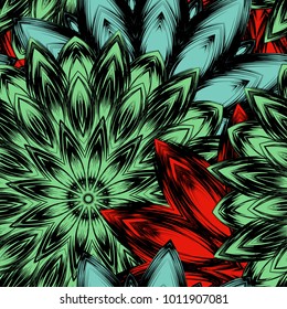 Seamless floral background. Tracery handmade nature ethnic fabric backdrop pattern with flowers. Textile design texture. Decorative color art. Vector