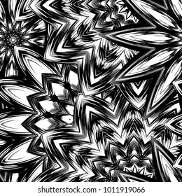 Seamless floral background. Tracery handmade nature ethnic fabric backdrop pattern with saturated dark flowers. Textile design texture. Decorative binary monochrome black and white art. Vector
