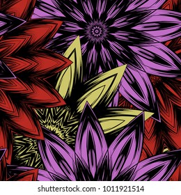 Seamless floral background. Tracery handmade nature ethnic fabric backdrop pattern with flowers. Textile design texture. Decorative color art. Vector