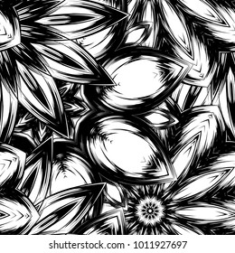 Seamless floral background. Tracery handmade nature ethnic fabric backdrop pattern with saturated dark flowers. Textile design texture. Decorative binary monochrome black and white art. Vector