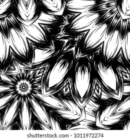 Seamless floral background. Tracery handmade nature ethnic fabric backdrop pattern with saturated dark flowers. Textile design texture. Decorative binary monochrome black and white art. Vector