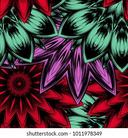 Seamless floral background. Tracery handmade nature ethnic fabric backdrop pattern with flowers. Textile design texture. Decorative color art. Vector