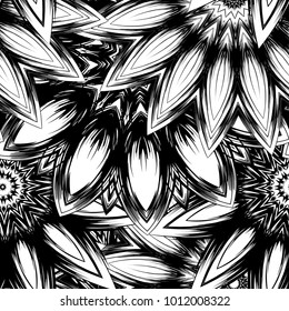 Seamless floral background. Tracery handmade nature ethnic fabric backdrop pattern with saturated dark flowers. Textile design texture. Decorative binary monochrome black and white art. Vector