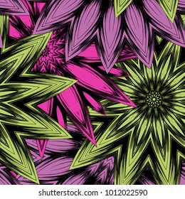 Seamless floral background. Tracery handmade nature ethnic fabric backdrop pattern with flowers. Textile design texture. Decorative color art. Vector