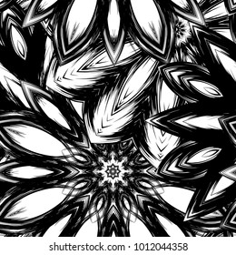 Seamless floral background. Tracery handmade nature ethnic fabric backdrop pattern with saturated dark flowers. Textile design texture. Decorative binary monochrome black and white art. Vector