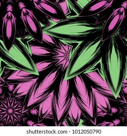 Seamless floral background. Tracery handmade nature ethnic fabric backdrop pattern with flowers. Textile design texture. Decorative color art. Vector
