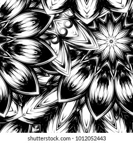 Seamless floral background. Tracery handmade nature ethnic fabric backdrop pattern with saturated dark flowers. Textile design texture. Decorative binary monochrome black and white art. Vector