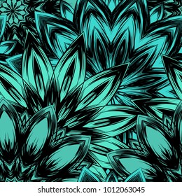 Seamless floral background. Tracery handmade nature ethnic fabric backdrop pattern with flowers. Textile design texture. Decorative color art. Vector