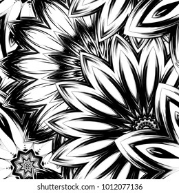 Seamless floral background. Tracery handmade nature ethnic fabric backdrop pattern with saturated dark flowers. Textile design texture. Decorative binary monochrome black and white art. Vector