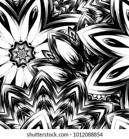 Seamless floral background. Tracery handmade nature ethnic fabric backdrop pattern with saturated dark flowers. Textile design texture. Decorative binary monochrome black and white art. Vector