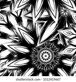 Seamless floral background. Tracery handmade nature ethnic fabric backdrop pattern with saturated dark flowers. Textile design texture. Decorative binary monochrome black and white art. Vector
