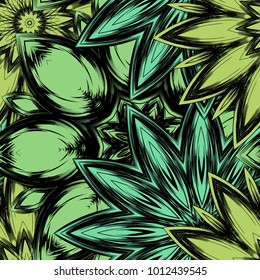 Seamless floral background. Tracery handmade nature ethnic fabric backdrop pattern with flowers. Textile design texture. Decorative color art. Vector
