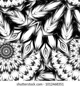 Seamless floral background. Tracery handmade nature ethnic fabric backdrop pattern with saturated dark flowers. Textile design texture. Decorative binary monochrome black and white art. Vector