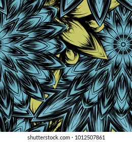 Seamless floral background. Tracery handmade nature ethnic fabric backdrop pattern with flowers. Textile design texture. Decorative color art. Vector