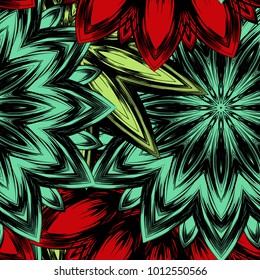 Seamless floral background. Tracery handmade nature ethnic fabric backdrop pattern with flowers. Textile design texture. Decorative color art. Vector