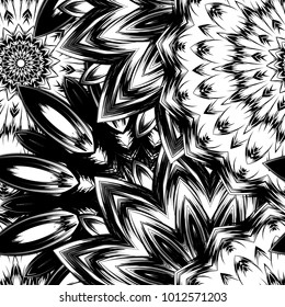 Seamless floral background. Tracery handmade nature ethnic fabric backdrop pattern with saturated dark flowers. Textile design texture. Decorative binary monochrome black and white art. Vector