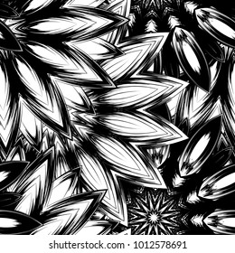 Seamless floral background. Tracery handmade nature ethnic fabric backdrop pattern with saturated dark flowers. Textile design texture. Decorative binary monochrome black and white art. Vector
