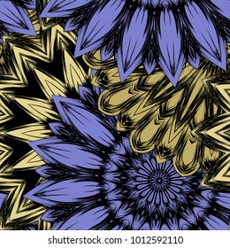 Seamless floral background. Tracery handmade nature ethnic fabric backdrop pattern with flowers. Textile design texture. Decorative color art. Vector