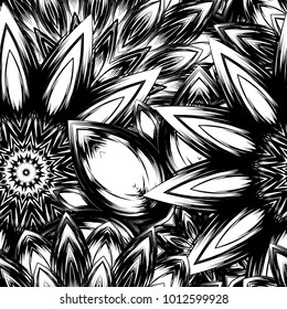 Seamless floral background. Tracery handmade nature ethnic fabric backdrop pattern with saturated dark flowers. Textile design texture. Decorative binary monochrome black and white art. Vector