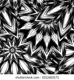 Seamless floral background. Tracery handmade nature ethnic fabric backdrop pattern with saturated dark flowers. Textile design texture. Decorative binary monochrome black and white art. Vector