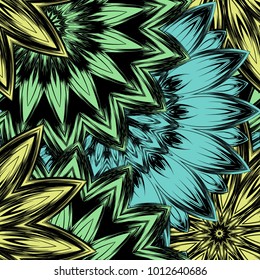 Seamless floral background. Tracery handmade nature ethnic fabric backdrop pattern with flowers. Textile design texture. Decorative color art. Vector
