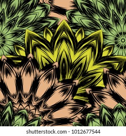 Seamless floral background. Tracery handmade nature ethnic fabric backdrop pattern with flowers. Textile design texture. Decorative color art. Vector