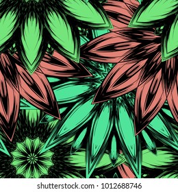 Seamless floral background. Tracery handmade nature ethnic fabric backdrop pattern with flowers. Textile design texture. Decorative color art. Vector