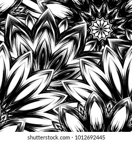 Seamless floral background. Tracery handmade nature ethnic fabric backdrop pattern with saturated dark flowers. Textile design texture. Decorative binary monochrome black and white art. Vector