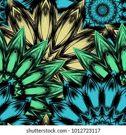 Seamless floral background. Tracery handmade nature ethnic fabric backdrop pattern with flowers. Textile design texture. Decorative color art. Vector