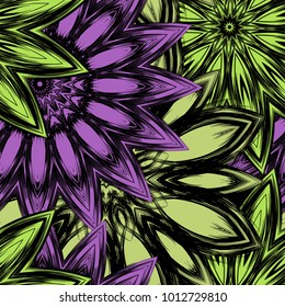 Seamless floral background. Tracery handmade nature ethnic fabric backdrop pattern with flowers. Textile design texture. Decorative color art. Vector