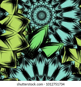 Seamless floral background. Tracery handmade nature ethnic fabric backdrop pattern with flowers. Textile design texture. Decorative color art. Vector