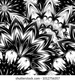 Seamless floral background. Tracery handmade nature ethnic fabric backdrop pattern with saturated dark flowers. Textile design texture. Decorative binary monochrome black and white art. Vector
