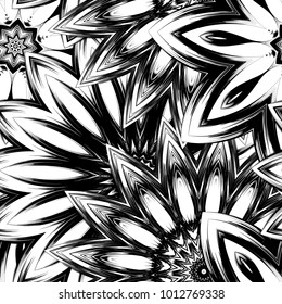 Seamless floral background. Tracery handmade nature ethnic fabric backdrop pattern with saturated dark flowers. Textile design texture. Decorative binary monochrome black and white art. Vector