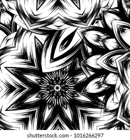Seamless floral background. Tracery handmade nature ethnic fabric backdrop pattern with saturated dark flowers. Textile design texture. Decorative binary monochrome black and white art. Vector