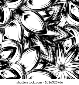 Seamless floral background. Tracery handmade nature ethnic fabric backdrop pattern with saturated dark flowers. Textile design texture. Decorative binary monochrome black and white art. Vector
