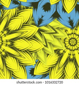 Seamless floral background. Tracery handmade nature ethnic fabric backdrop pattern with flowers. Textile design texture. Decorative color art. Vector