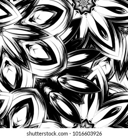 Seamless floral background. Tracery handmade nature ethnic fabric backdrop pattern with saturated dark flowers. Textile design texture. Decorative binary monochrome black and white art. Vector