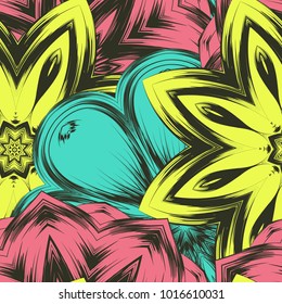 Seamless floral background. Tracery handmade nature ethnic fabric backdrop pattern with flowers. Textile design texture. Decorative color art. Vector