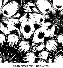 Seamless floral background. Tracery handmade nature ethnic fabric backdrop pattern with saturated dark flowers. Textile design texture. Decorative binary monochrome black and white art. Vector