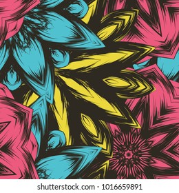 Seamless floral background. Tracery handmade nature ethnic fabric backdrop pattern with flowers. Textile design texture. Decorative color art. Vector