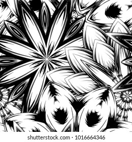 Seamless floral background. Tracery handmade nature ethnic fabric backdrop pattern with saturated dark flowers. Textile design texture. Decorative binary monochrome black and white art. Vector