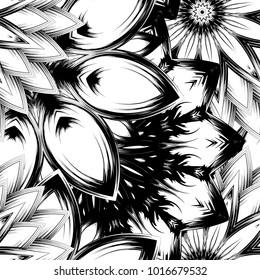 Seamless floral background. Tracery handmade nature ethnic fabric backdrop pattern with saturated dark flowers. Textile design texture. Decorative binary monochrome black and white art. Vector