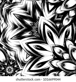 Seamless floral background. Tracery handmade nature ethnic fabric backdrop pattern with saturated dark flowers. Textile design texture. Decorative binary monochrome black and white art. Vector