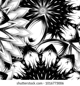 Seamless floral background. Tracery handmade nature ethnic fabric backdrop pattern with saturated dark flowers. Textile design texture. Decorative binary monochrome black and white art. Vector