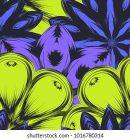 Seamless floral background. Tracery handmade nature ethnic fabric backdrop pattern with flowers. Textile design texture. Decorative color art. Vector