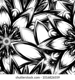 Seamless floral background. Tracery handmade nature ethnic fabric backdrop pattern with saturated dark flowers. Textile design texture. Decorative binary monochrome black and white art. Vector
