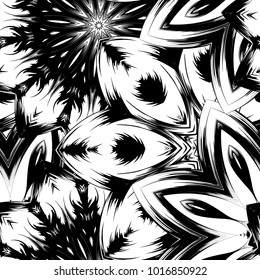 Seamless floral background. Tracery handmade nature ethnic fabric backdrop pattern with saturated dark flowers. Textile design texture. Decorative binary monochrome black and white art. Vector