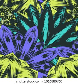 Seamless floral background. Tracery handmade nature ethnic fabric backdrop pattern with flowers. Textile design texture. Decorative color art. Vector