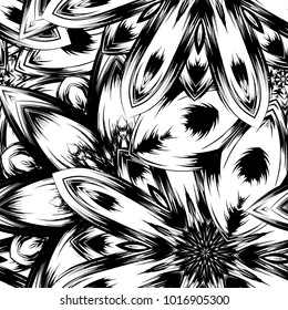Seamless floral background. Tracery handmade nature ethnic fabric backdrop pattern with saturated dark flowers. Textile design texture. Decorative binary monochrome black and white art. Vector